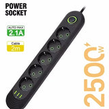 2500W Power Strip with 3USB Ports EU Plug Socket 2m Extension Cable Fast Charging Round Pin AC Outlet Electrical Charger Adapter