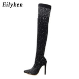 Eilyken Sexy Runway Crystal Stretch Fabric Sock Over the Knee Boot Thigh Stiletto High Pointed Toe Woman Shoes Zapatillas Mujer
