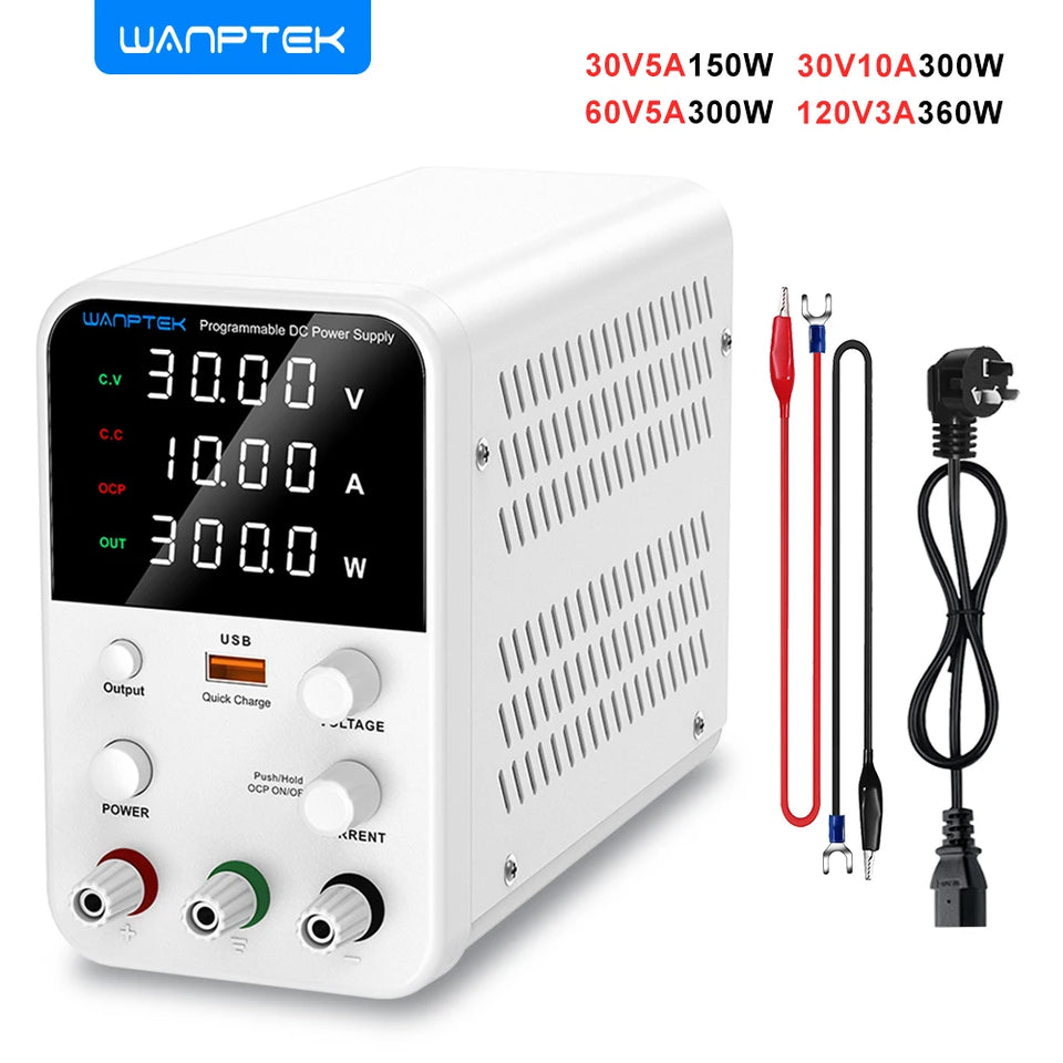 Wanptek Adjustable DC Power Supply 30V 60V 5A 10A Lab Bench Power Supply USB Interface Fast Charging Preset Voltage and Current