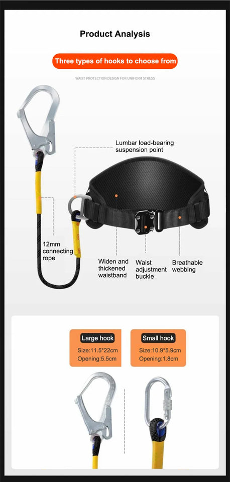 High-altitude Work Safety Harness Single Waist Safety Belt with Safe Rope Hook Outdoor Climbing Training Protective Equipment