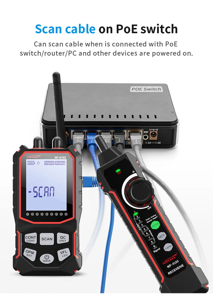 NOYAFA NF-918S Network Cable Tester Red Light Pen Wire Tracer with Optical Power Meter POE Check Wiremap Crimp Test Line Finder