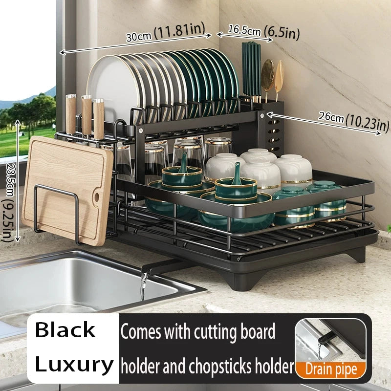 2026 Upgraded New Model - 1.5-Layer Carbon Steel Dish Rack, with Drain Tray, Commercial-Grade Tableware Storage Rack – Large Capacity, Rust-Proof, Includes Cutlery Rack and Cutting Board Rack, Suitable for Families of 4-6 P