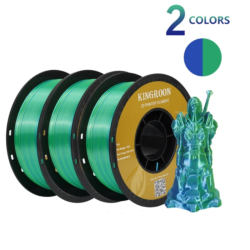 KINGROON Dual-color Silk PLA Filament 1.75mm 2 Color Coextrusion Glossy 3D Printer Filament PLA, 3kg/pack 1kg each spool