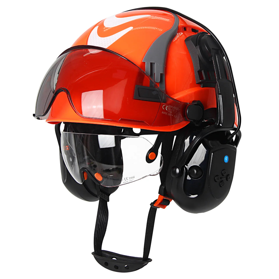 CE Safety Cap w/ 5.0 Bluetooth Earmuffs Reflective Stickers Double Goggles Construction Engineer Helmets ABS Industrial Hard Hat
