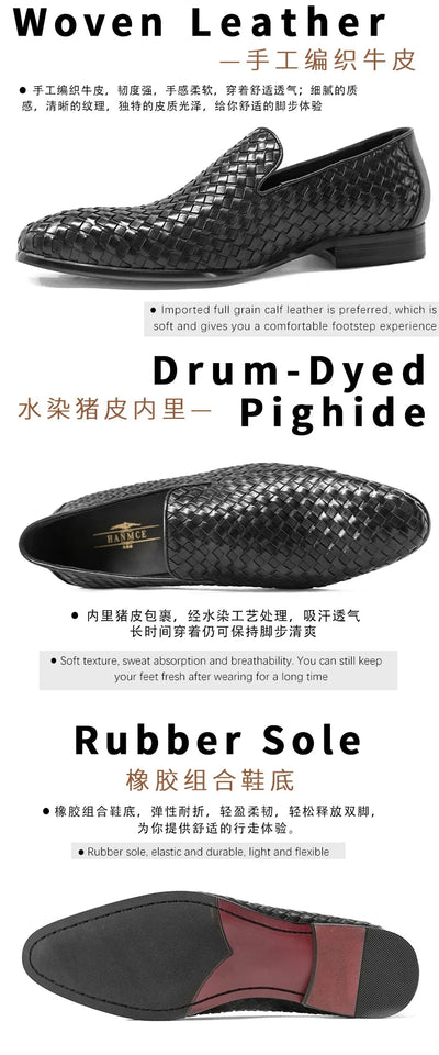 PJCMG Fashion Comfortable Black/Coffee Genuine Knitted Leather Slip-On Pointed Toe Flat Man Casual Classic Formal Dress Shoes
