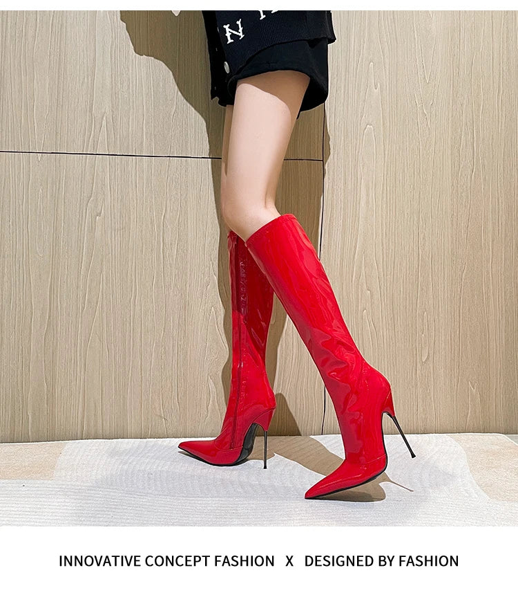 Knee-High Modern Boots Pointy Toe Women Shoes 13cm Ultra Thin Steel High Heels Metal Heel Calf Boots for Women Fun Shoes Size 46