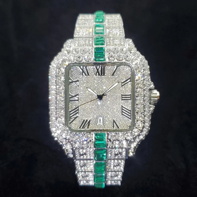 Luxury Full Diamond Watch for Men Fashion Green Iced Out Bling Square Watches Hip Hop Rap Jewelry Relogio Masculino Dropshipping