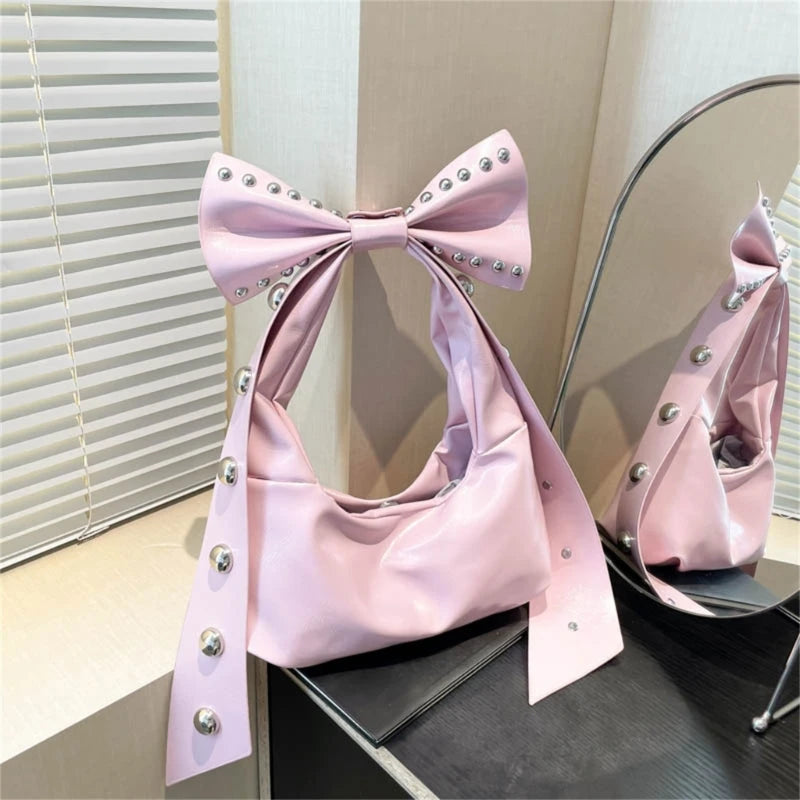 Trendy Handbag for Women with Unique Bows and Rivet Embellishments Stylish PU Leather Women's Shoulder Bag