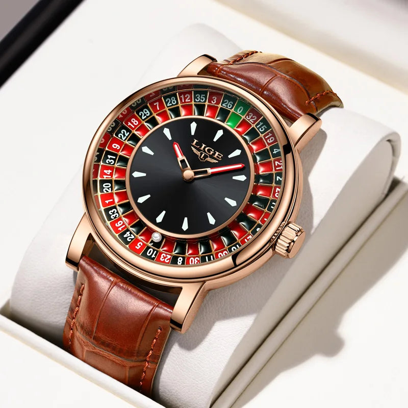 LIGE Creative Luxury Mens Watches Roulette Game Dial Fashion Mens Watch Waterproof Luminous Quartz Wristwatches Rolling Ball