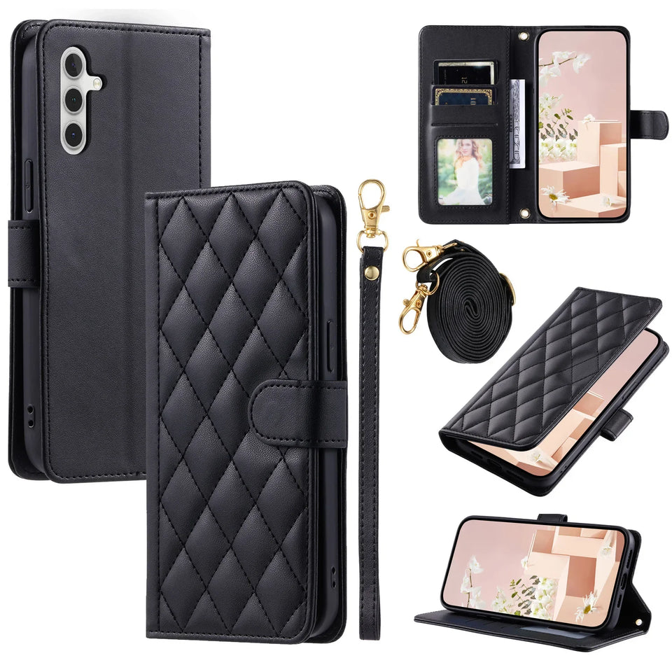 Crossbody Checkered Leather Wallet Case For Samsung Galaxy S24 Ultra S23 Plus S22 S21 FE A55 A25 A35 A15 Lanyard Flip Bag Cover