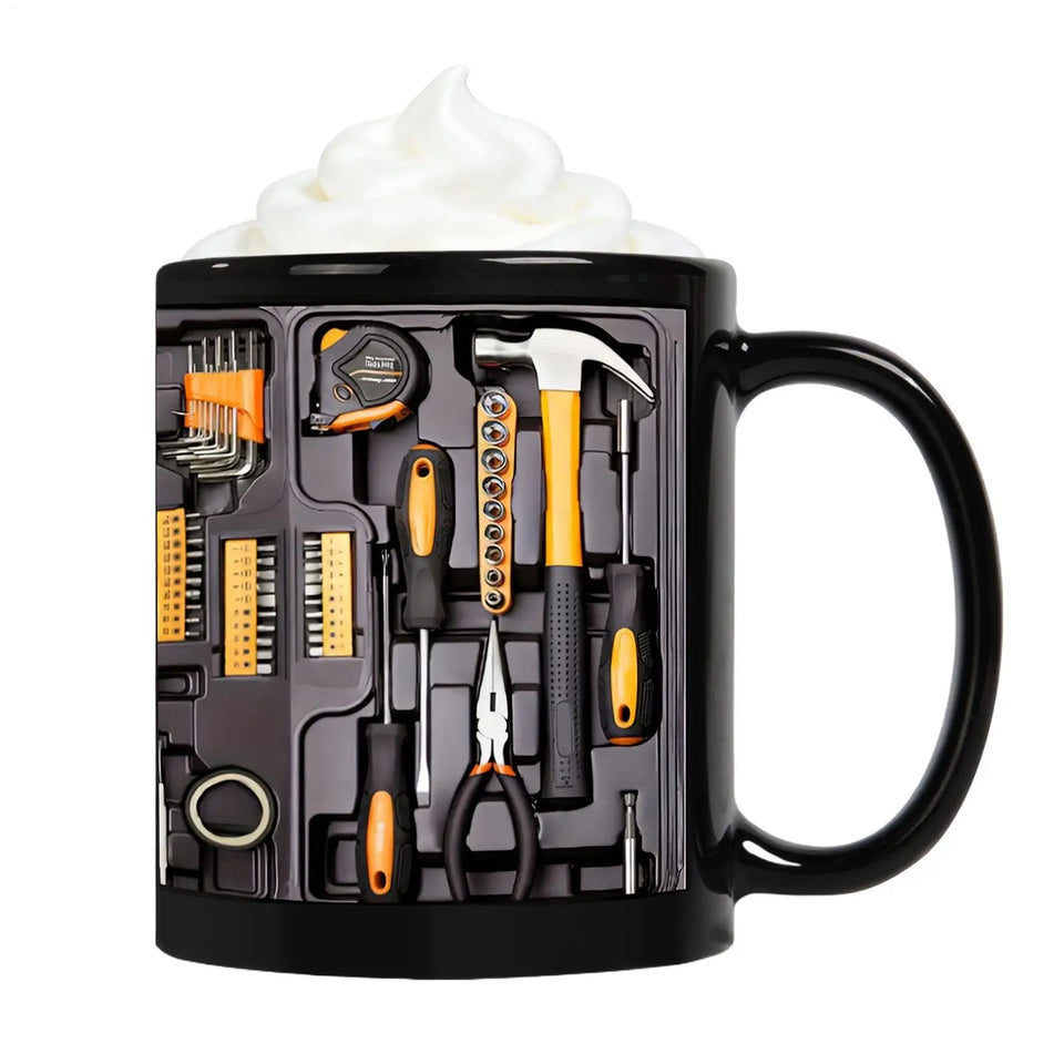 11OZ Coffee Mug Toolbox Design Wrench Pattern Mechanic Water Cup Ceramic Mechanic Mug Themed C-Shaped Handle Car Mechanic Gift
