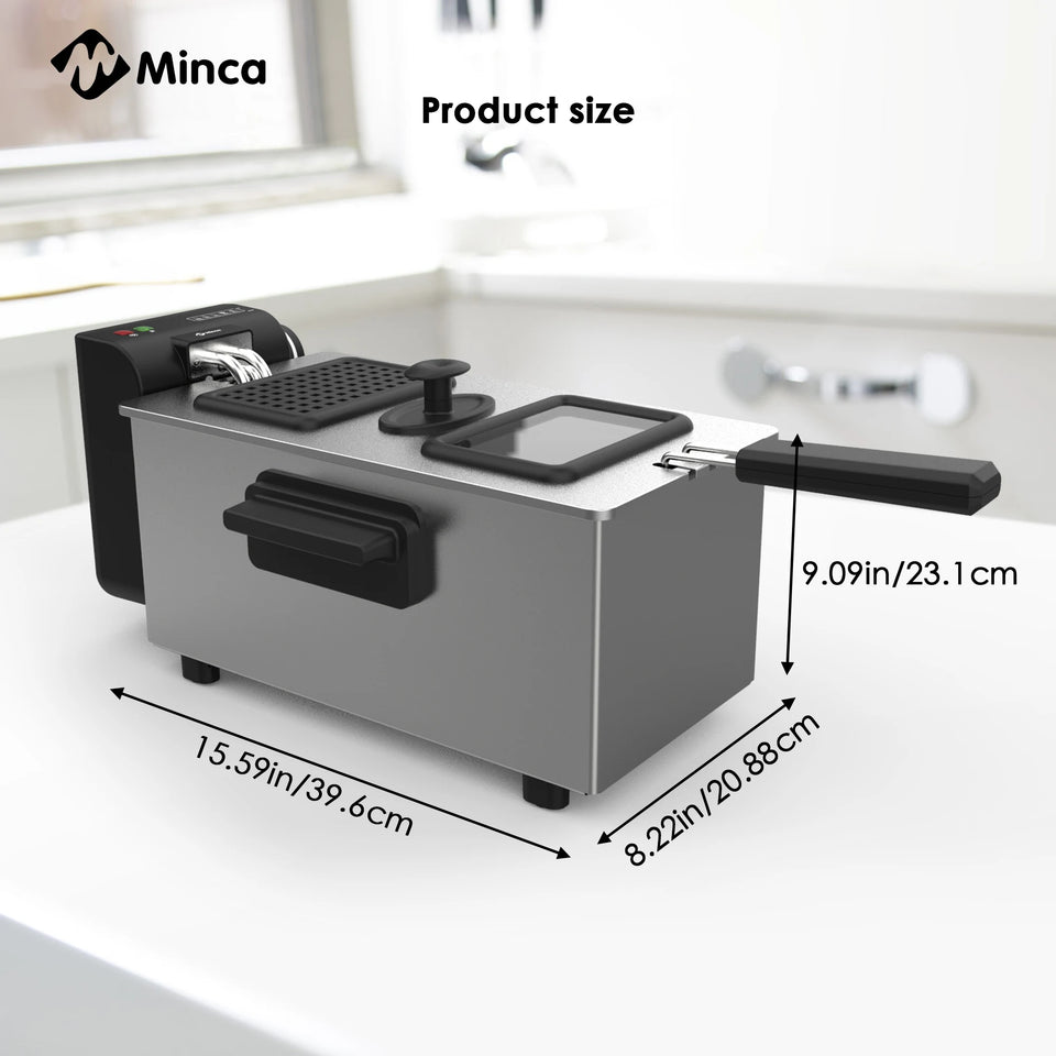 M Minca 3L Electric Deep Fryer with Hooked Fry Basket - 1500W Stainless Steel & Enamel Inner Pot, Adjustable Temperature Control