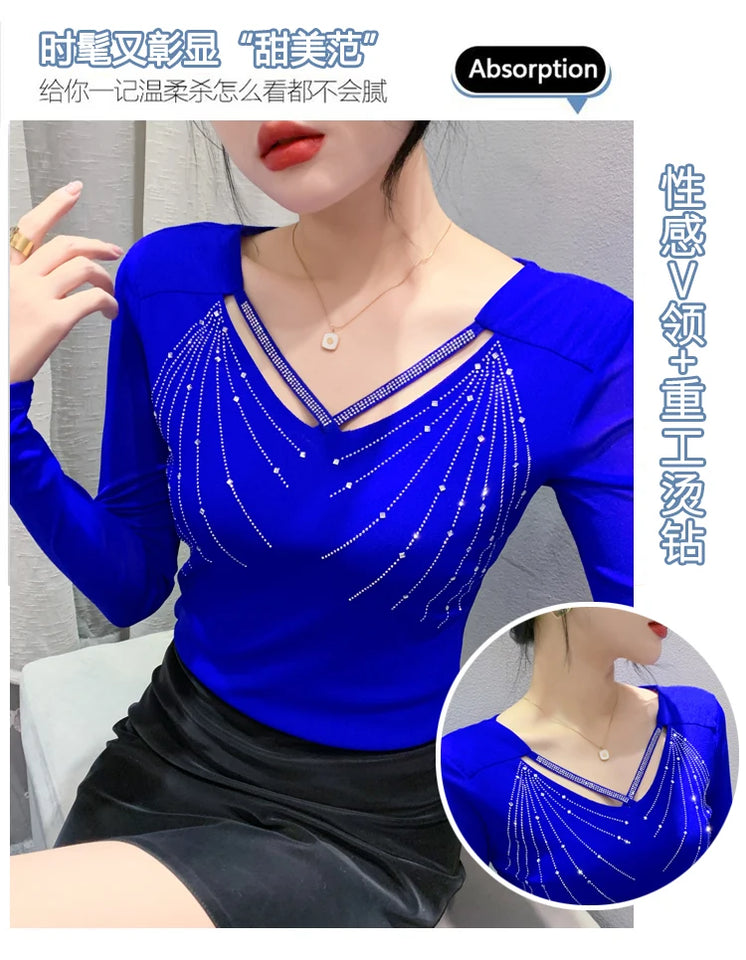 Autumn New Women Mesh Tops Fashion Hollow Out V-Neck Long-Sleeved T-Shirt Classic Shiny Diamonds Bottoming Shirt Elasticity Tees