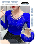 Autumn New Women Mesh Tops Fashion Hollow Out V-Neck Long-Sleeved T-Shirt Classic Shiny Diamonds Bottoming Shirt Elasticity Tees