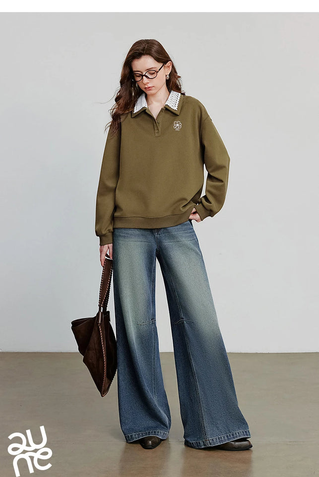 TOYOUTH Women Sweatshirt 2025 Autumn New Green Velvet Embroidery Contrasting Color Splicing Double Layer Collar Pullover Hoodies