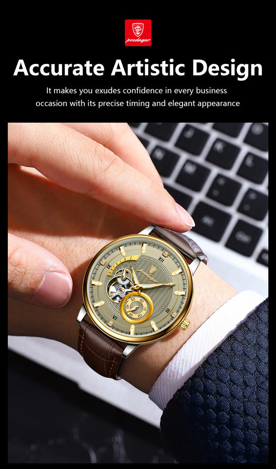 POEDAGAR Fashion Business Men Watch Waterproof Luminous Hollow Tourbillon Male Clock Automatic Mechanical Leather Men's Watches