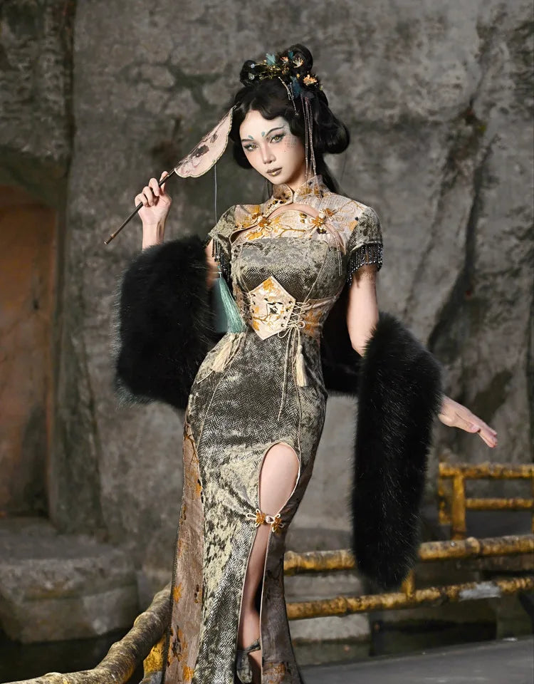 Blood Supply Original New Chinese Cheongsam Slim Dress Tie Tassel Jacquard Tunic Waist Sheath Long Trumpet Dresses Festival