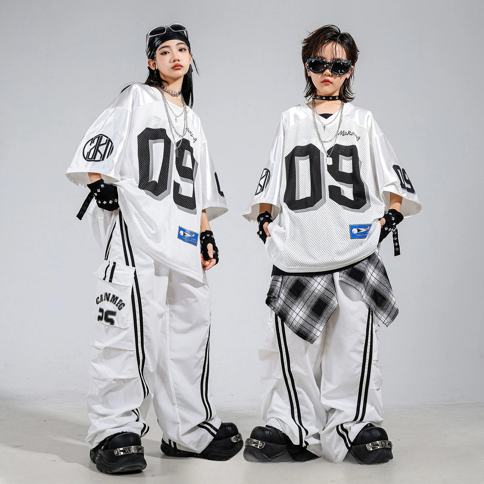 Boys Hip Hop Mesh T-shirt Cargo Pants Girls K-pop Street Dance Sweatshirt Costumes Child Clothes Sets Kids Teens Jazz Streetwear