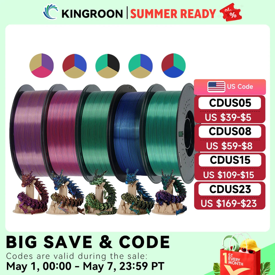 KINGROON 5KG Silk Tricolor PLA Filament 1.75mm, Three-colour Coextrusion 3D Printing Material, New Color Change, 5Roll 1kg/Spool