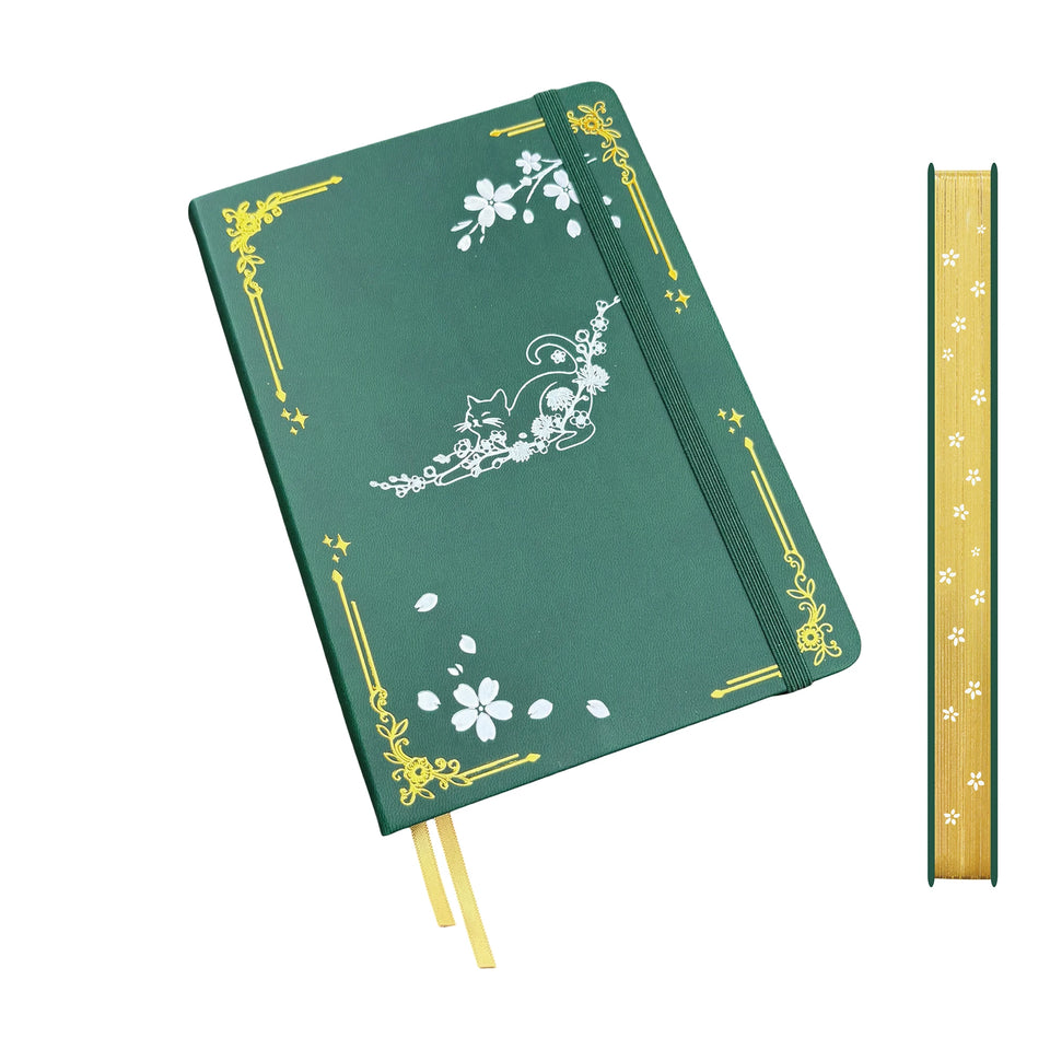 Cat & Cherry Blossom A5 Dot Grid Journal, 160gsm Thick Paper Hardcover Notebook, PU Leather Cover, Gilded Page Edges