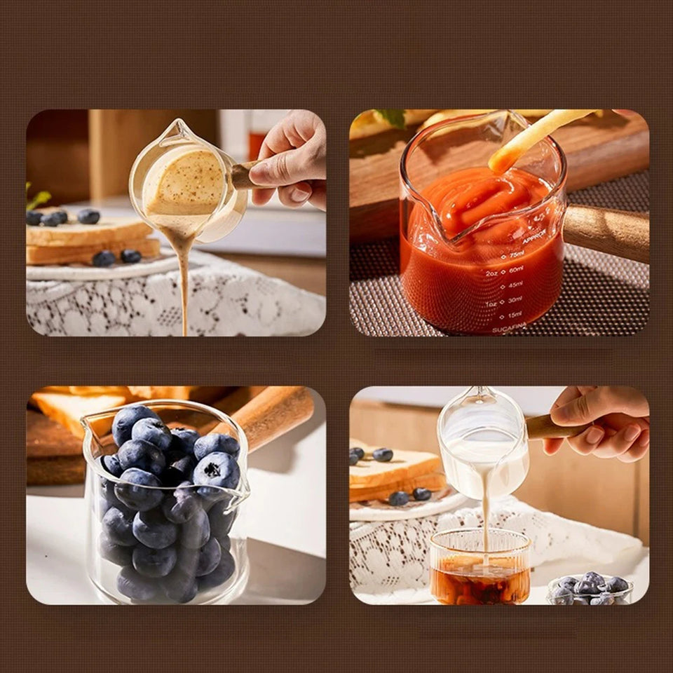 1 Piece 75ml Double Mouth Milk Cup With Side Wooden Handle Clear Glass Coffee Cup, Suitable For Home Espresso, Milk Production