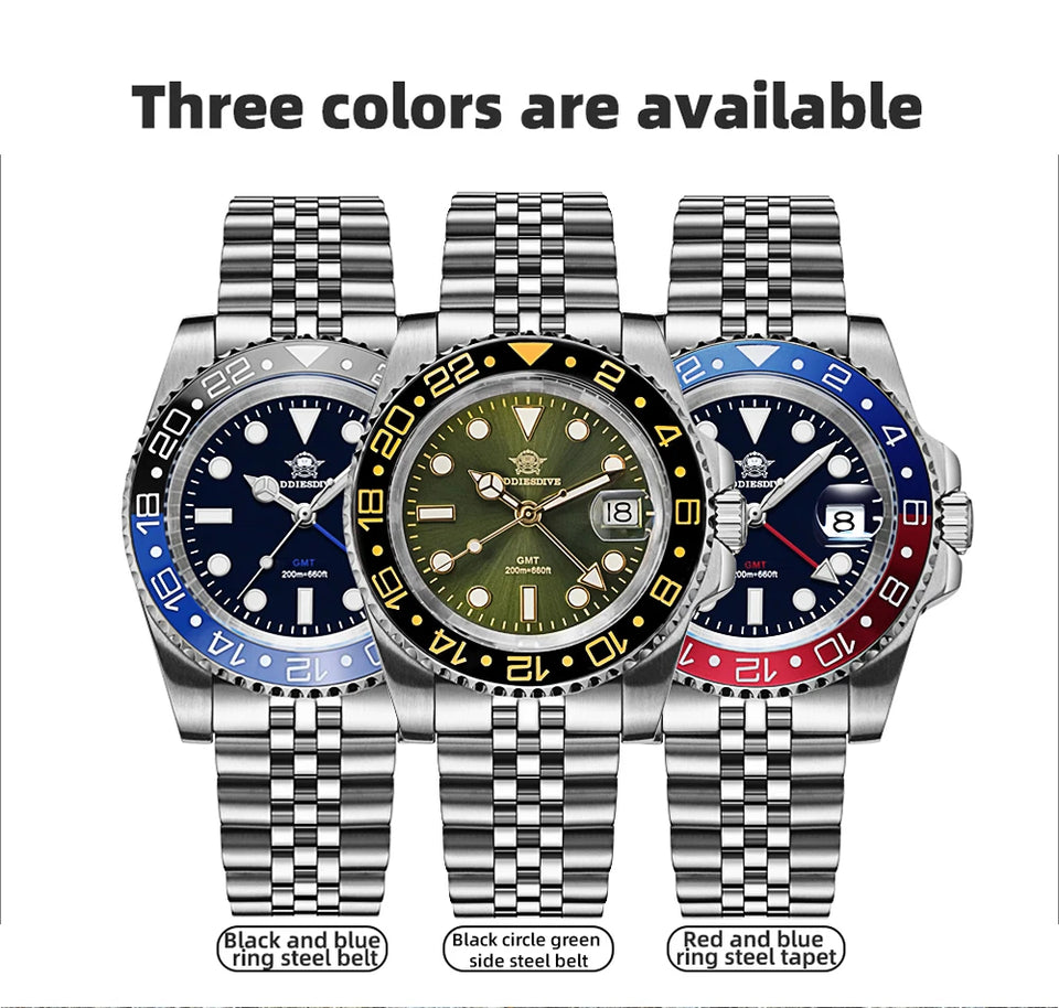 ADDIESDIVE Fashion GMT Watch for Men Super Luminous AD2050 Wristwatches Luxury Luminous 20Bar Diving Stainless Steel Man Watches