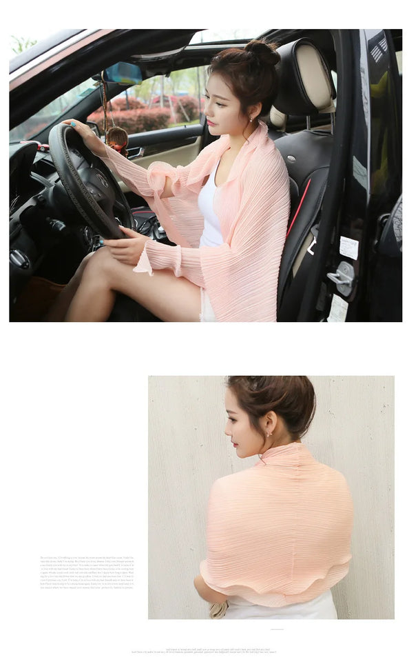 Summer Multi-functional Sunscreen Shawl Women's Long-sleeved Loose Light Breathable Anti-UV Pleated Chiffon Scarf Driving Sleeve