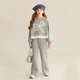 Top & Pants 2-Piece Set Sweatshirt Bow Korean Children's Clothing 2025 Autumn Winter Suits Clothes for Girls From 7 To 8 Years