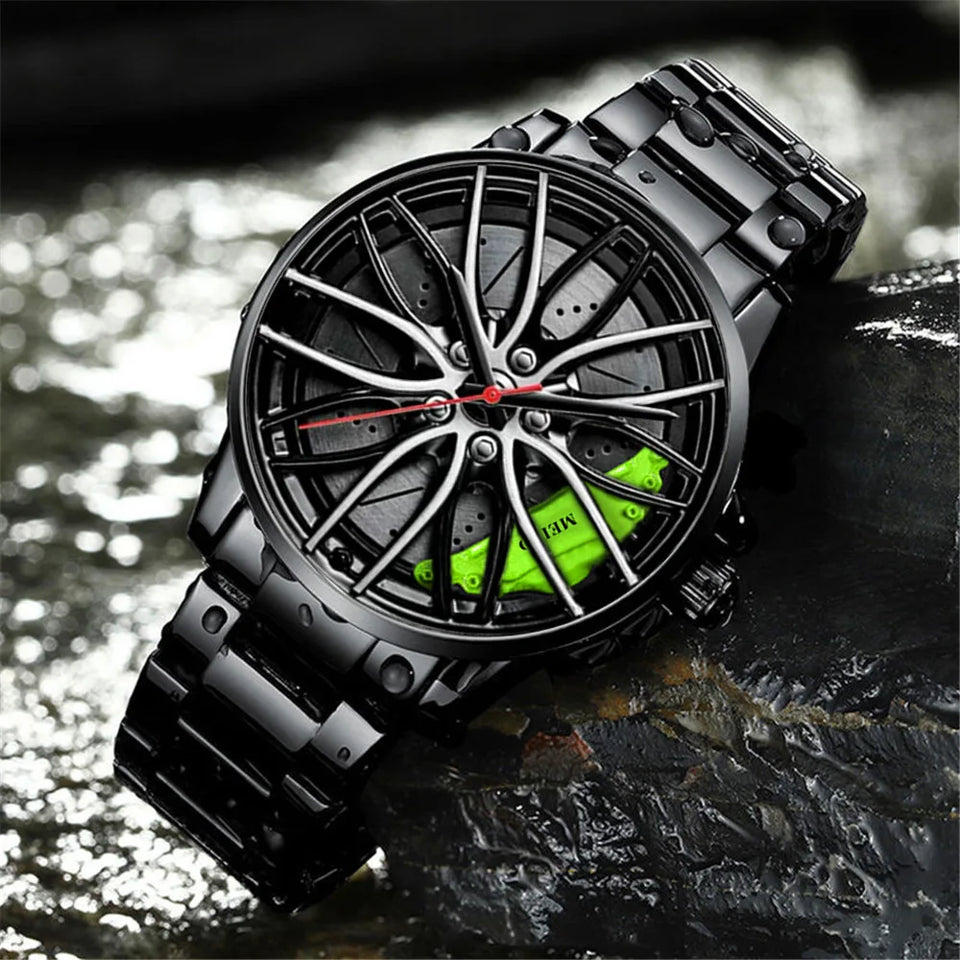 New Top Men Stainless Steel Watches Mens Car Wheel Hub Leather Quartz Watch For Male Military Sport Watch Relogio Masculino Hot