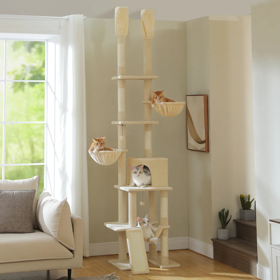Cactus Cat Tree Floor to Ceiling Cat Tower 7 Tiers Cat Climbing Tree with Cozy Hammocks and Condos 5 Platforms Scratching Posts