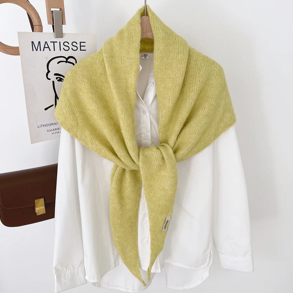 Korean Knitted Wool Triangle Scarf Solid Knitted Shawl Autumn Winter Scarf Women Neck Protection Neckerchief Triangle Scarf