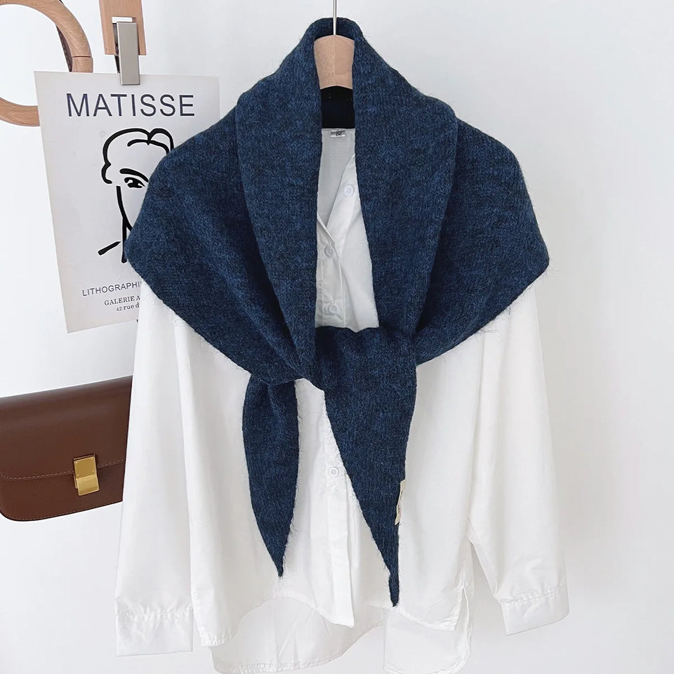 Korean Knitted Wool Triangle Scarf Solid Knitted Shawl Autumn Winter Scarf Women Neck Protection Neckerchief Triangle Scarf