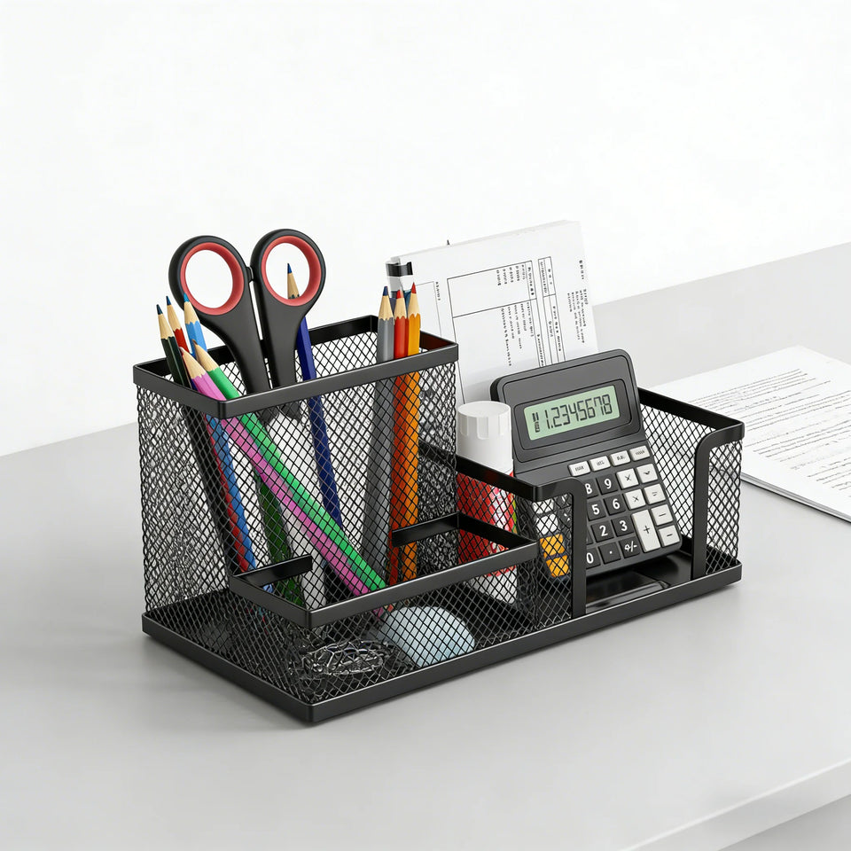 Desktop Accessories Storage Caddy, Black Wire Mesh Desk Organizer with 3 Compartments, Pencil Holder and Storage Baskets