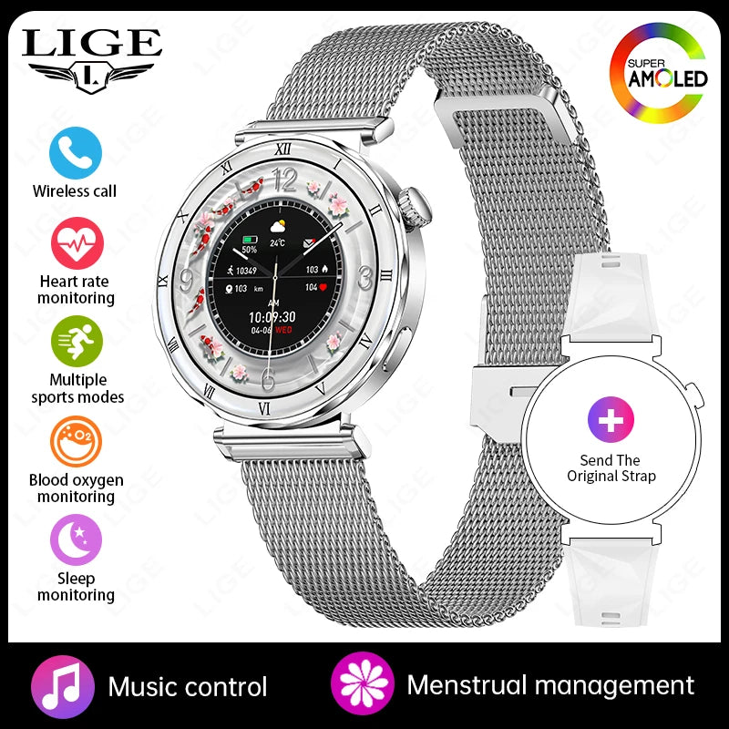 LIGE New 1.19inch AMOLED Fashion Ladies Smart Watch Bluetooth Call Sports Bracelet Women’s Health Waterproof Diamond Smartwatch