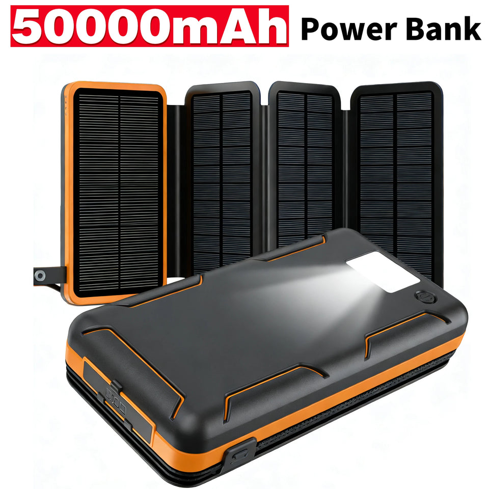 50000mAh Portable Solar Power Bank Fast Charging USB-C/USB-A for IOS Android Outdoor Large Capacity Charger