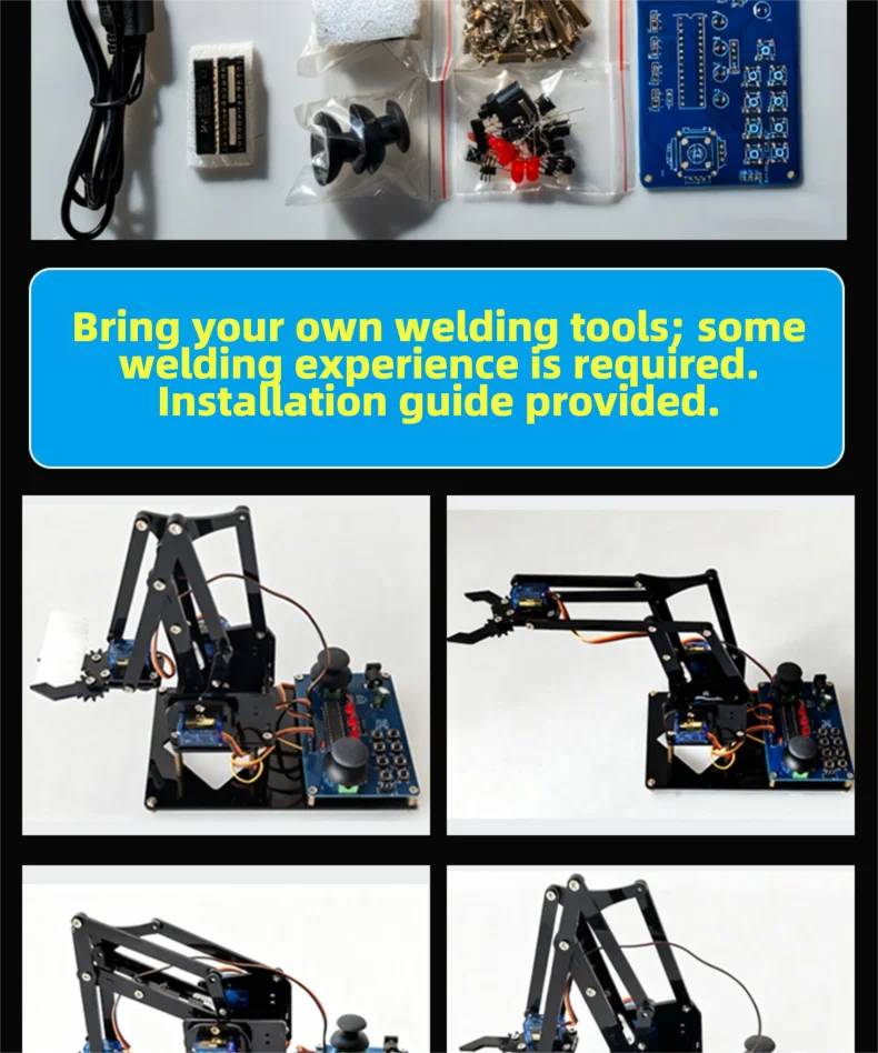 DIY Black Robotic Arm Construction Kit - Learn Welding, Basic Electronics, Circuit Design & Control, Perfect for STEM Projects, Maker Education, Beginners Tech Gift