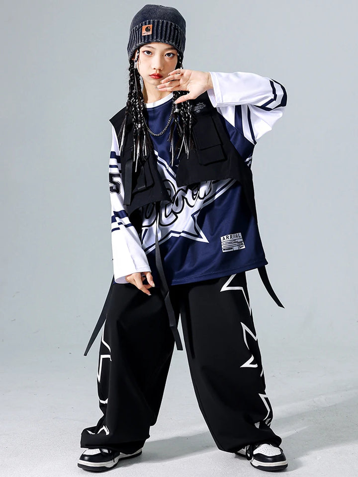 Girls Hip Hop Star Sweatshirt Vest Joggers Pants Boys Cool Streetwear Clothes Set Kids Children Jazz Street Dance K-pop Costumes
