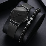 2PCS Men's Watch Fashion Roma Quartz Watches Steel Mesh Band Wristwatches Bracelet Set