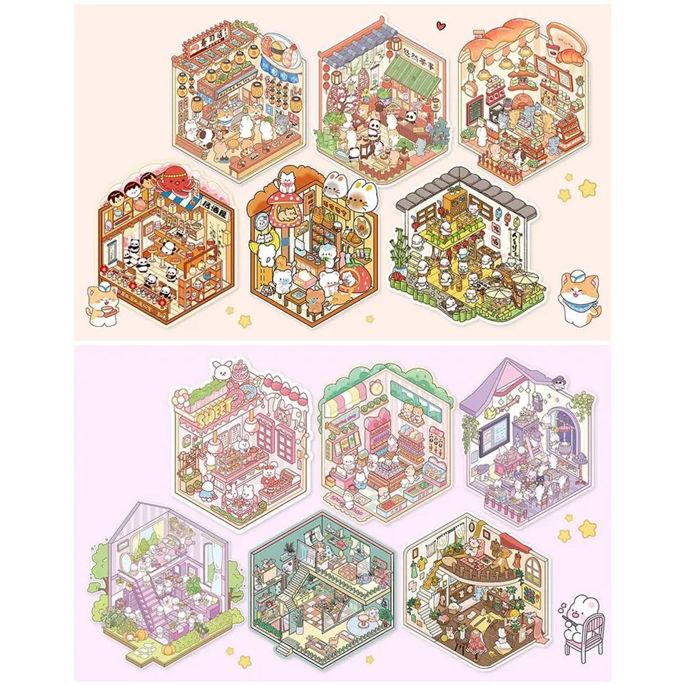 Collection of Miniature Scenes 3D Stereoscopic Hut Miniature Scene Stickers Hand Tent Landscape Stickers Children's Puzzle Toys