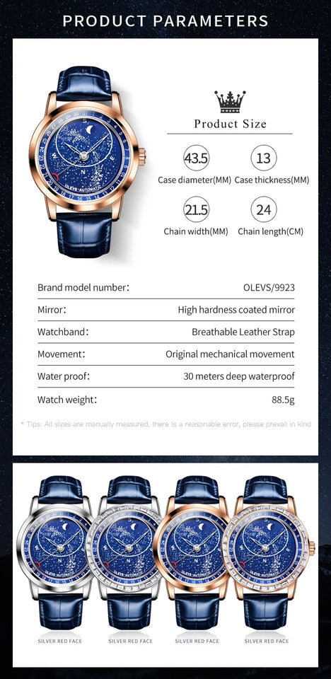 OLEVS 9923 Moon Phase Automatic Mechanical Watches for Man Fashion Leather Strap Waterproof Starry Sky Blue Luxury Men's Watches