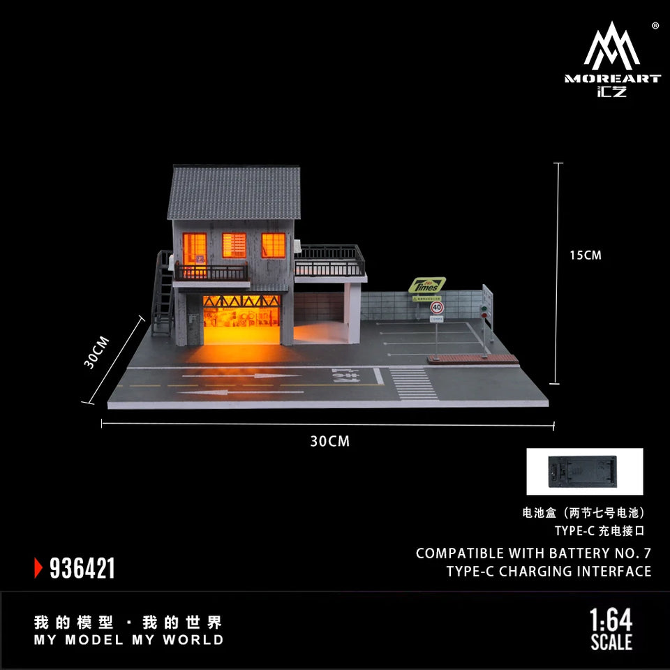 Diorama 1/64 Car Parking Lot with LED Lighting Japanese Commercial Building Model Scene Garage Display Model US