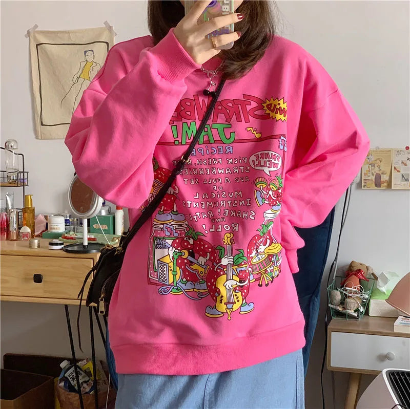 Harajuku Retro Top Strawberry Print Sweatshirt  Women Loose Streetwear Sweatshirts American  Oversized Pullovers
