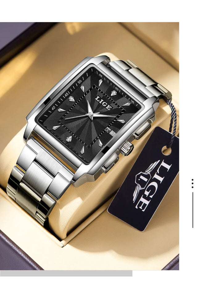 LIGE Fashion Business Watch Men Square Sport Waterproof Watches For Men Top Brand Luxury Military Quartz Chronograph Wristwatch