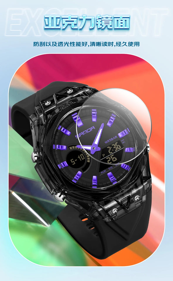 SANDA Top New 6283 Dual Display Multifunctional Student Electronic Watch Alarm Clock Night Light Waterproof Sports Student Watch