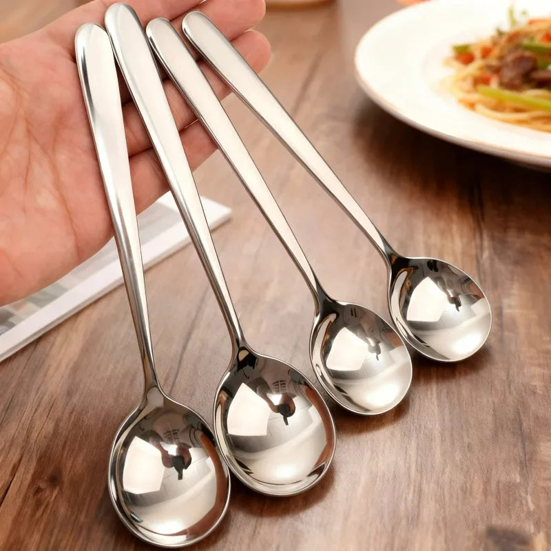 1/5PCS Round Head Soup Spoon Stainless Steel Long Handle Stirring Spoon Portable Dessert Coffee Scoop Home Kitchen Tableware