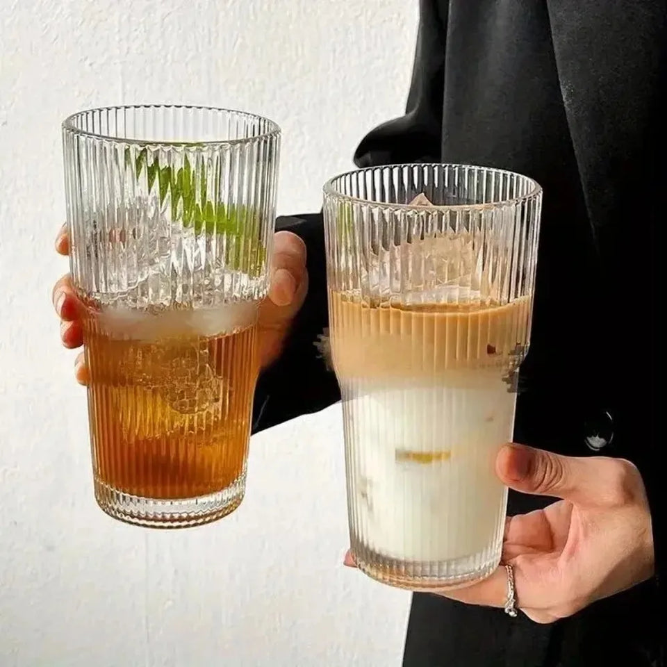400/600ML Stripe Glass Coffee Cup With Lid and Without Cover Straw Transparent Drinking Glasses for Juice Iced Coffee Mugs