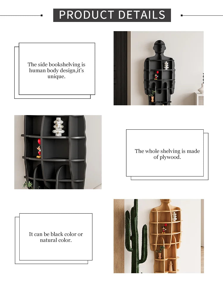 Furniture Modern Living Room Furniture Storage Wooden Black Corner Decoration Standing Bookshelf Human Modeling