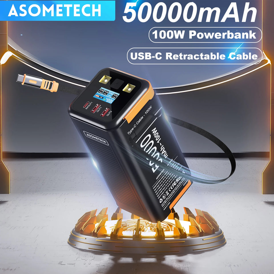 Power Bank 50000mAh 100W PD PPS Super Fast Charging Portable Spare Battery Type-C Retractable Cable Powerbank For Phone Laptop
