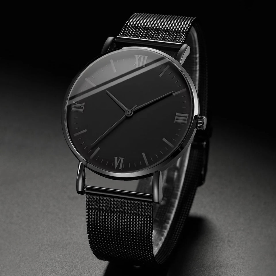 2PCS Men's Watch Fashion Roma Quartz Watches Steel Mesh Band Wristwatches Bracelet Set