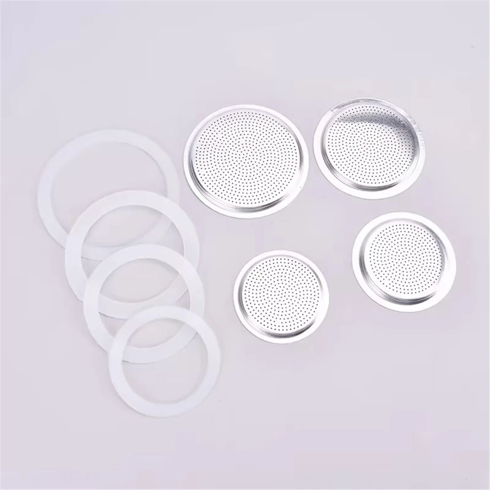 1 Set, 3pcs Silicone Gaskets and 1pc Aluminum Filter Moka Pot Coffee Bottle Replacement Compatible with 3/6/9/12 Cup Moka Expres
